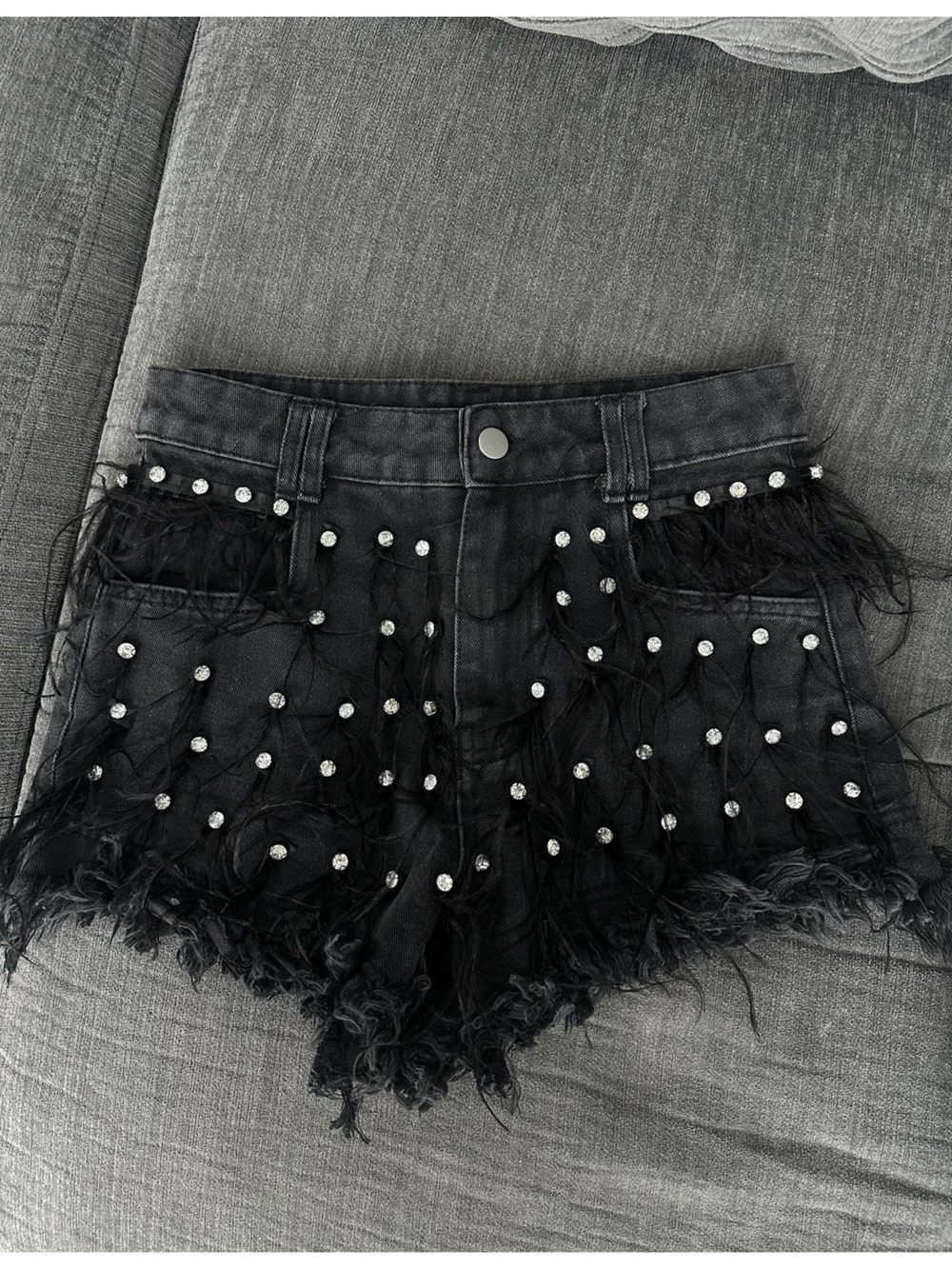 Black Embellished Feather Trim Jean Shorts